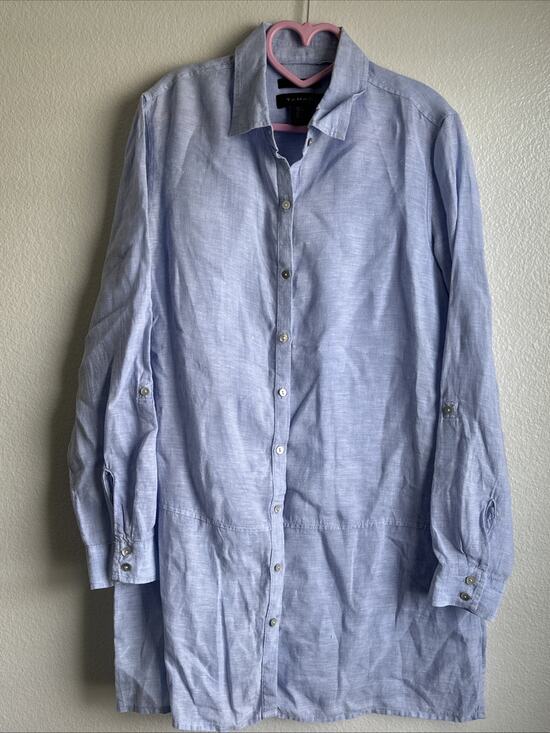 Tahari Tops - Tahari 100% Linen Tunic Women’s Sm Blue Chambray Roll-Tab Sleeve Button Up Top